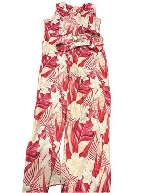 Sleeveless Red Floral Jumpsuit with Belt
